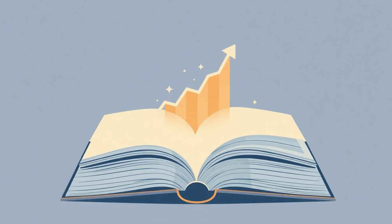Minimalist illustration of an open book with an upward-trending financial chart emerging from the pages, representing author income growth.