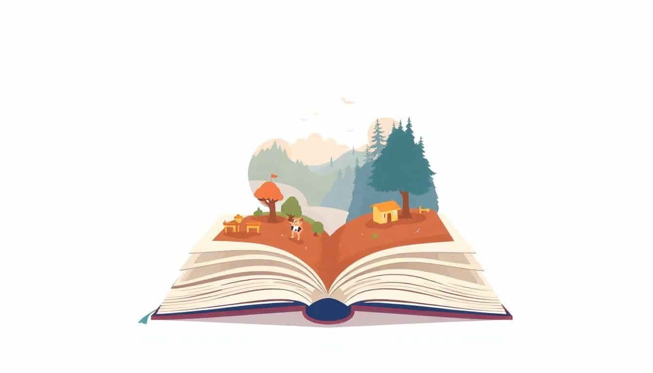 Illustration of an open book with its pages transforming into a vibrant landscape, featuring soft colors and a minimalistic composition.