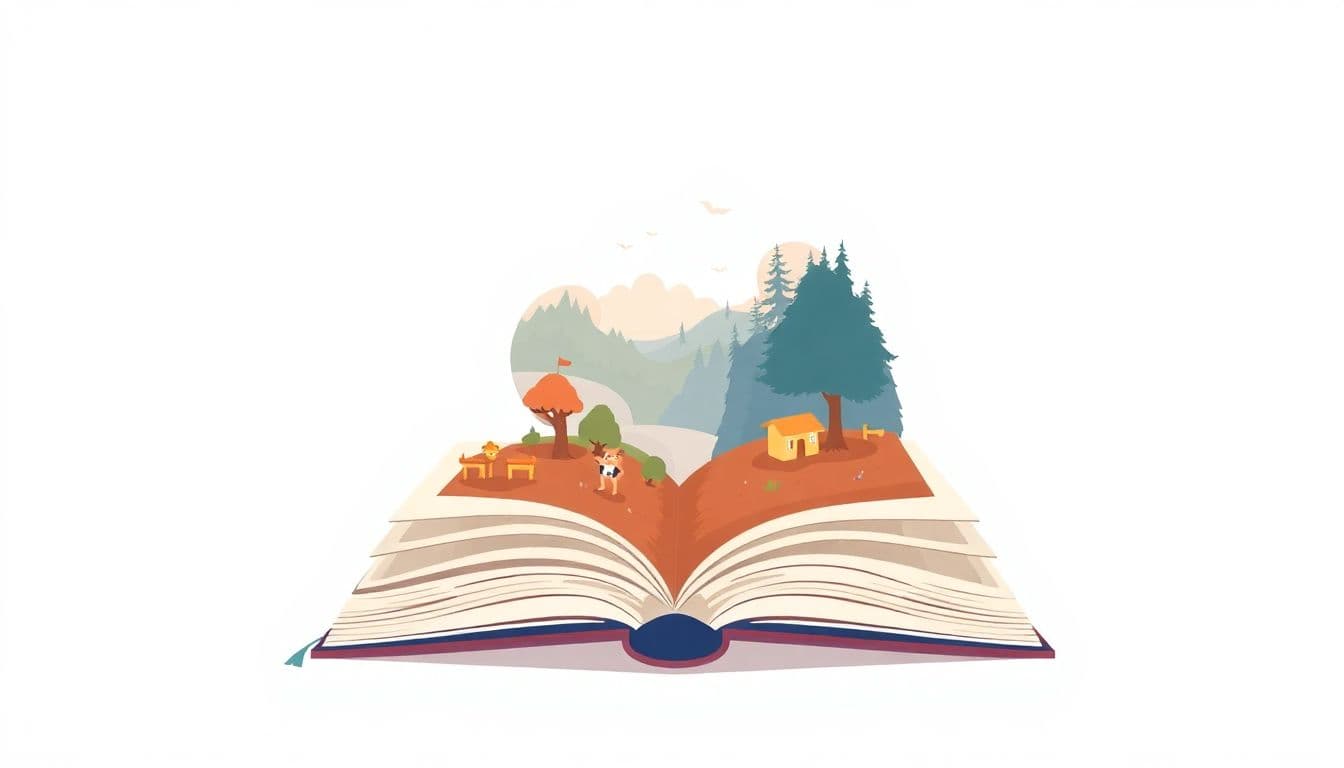 Illustration of an open book with its pages transforming into a vibrant landscape, featuring soft colors and a minimalistic composition.