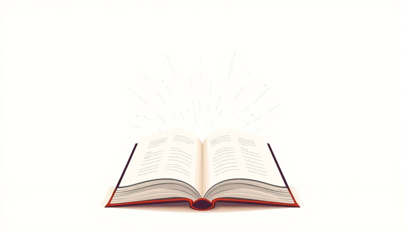 Illustration of an open book with dynamic lines emanating from it, set against a clean, textured background in soft, warm colors, symbolizing powerful storytelling.