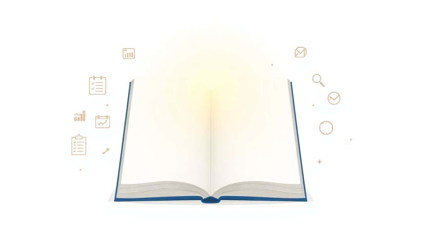 Minimalist illustration of a sleek, open business notebook emitting a subtle glow, with abstract icons of checklists, guides, and tools in a clean, light-toned background.