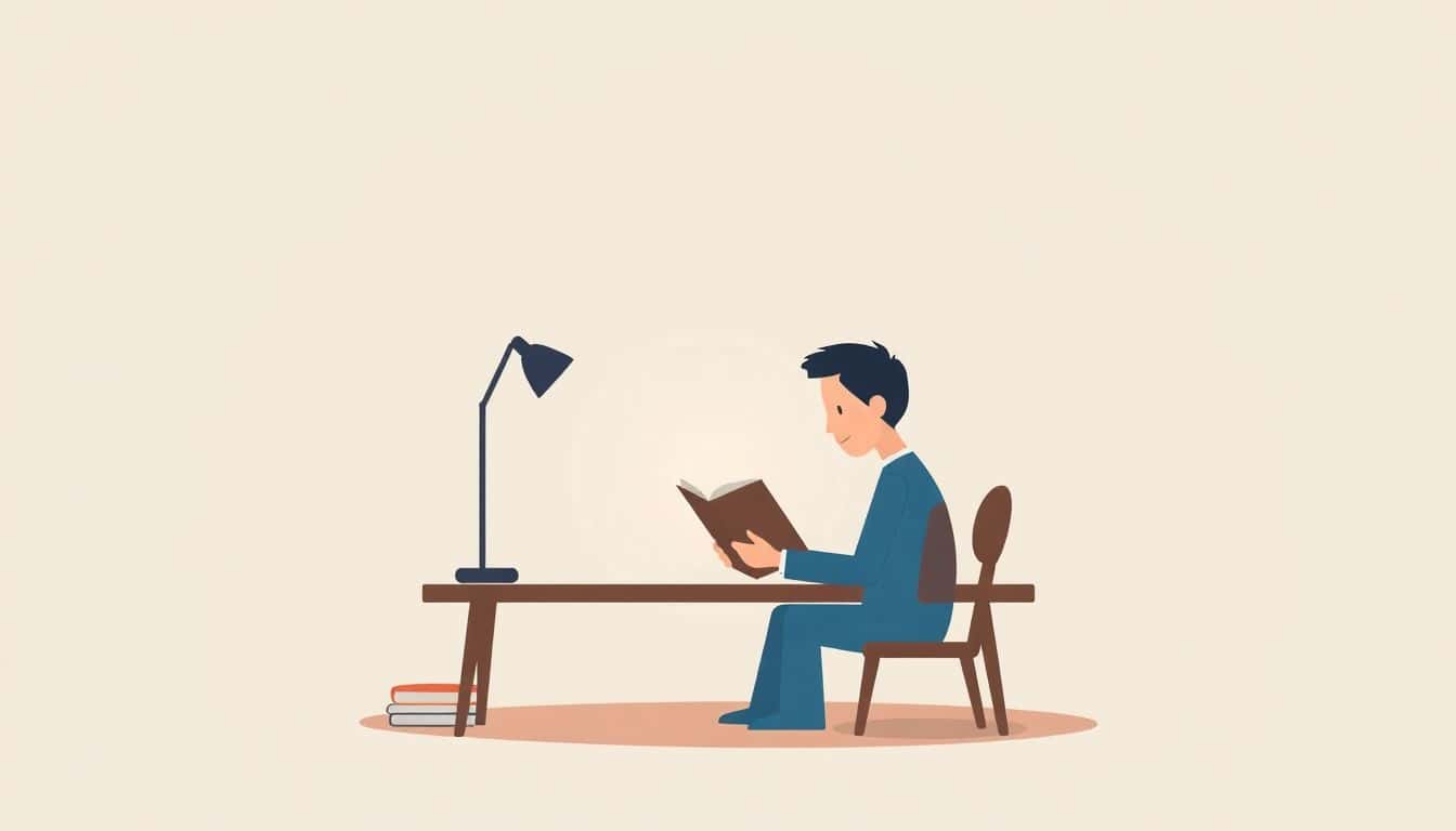 An illustration of a focused storyteller at a desk with an open book, surrounded by a calm, minimalistic background in soft, muted colors.