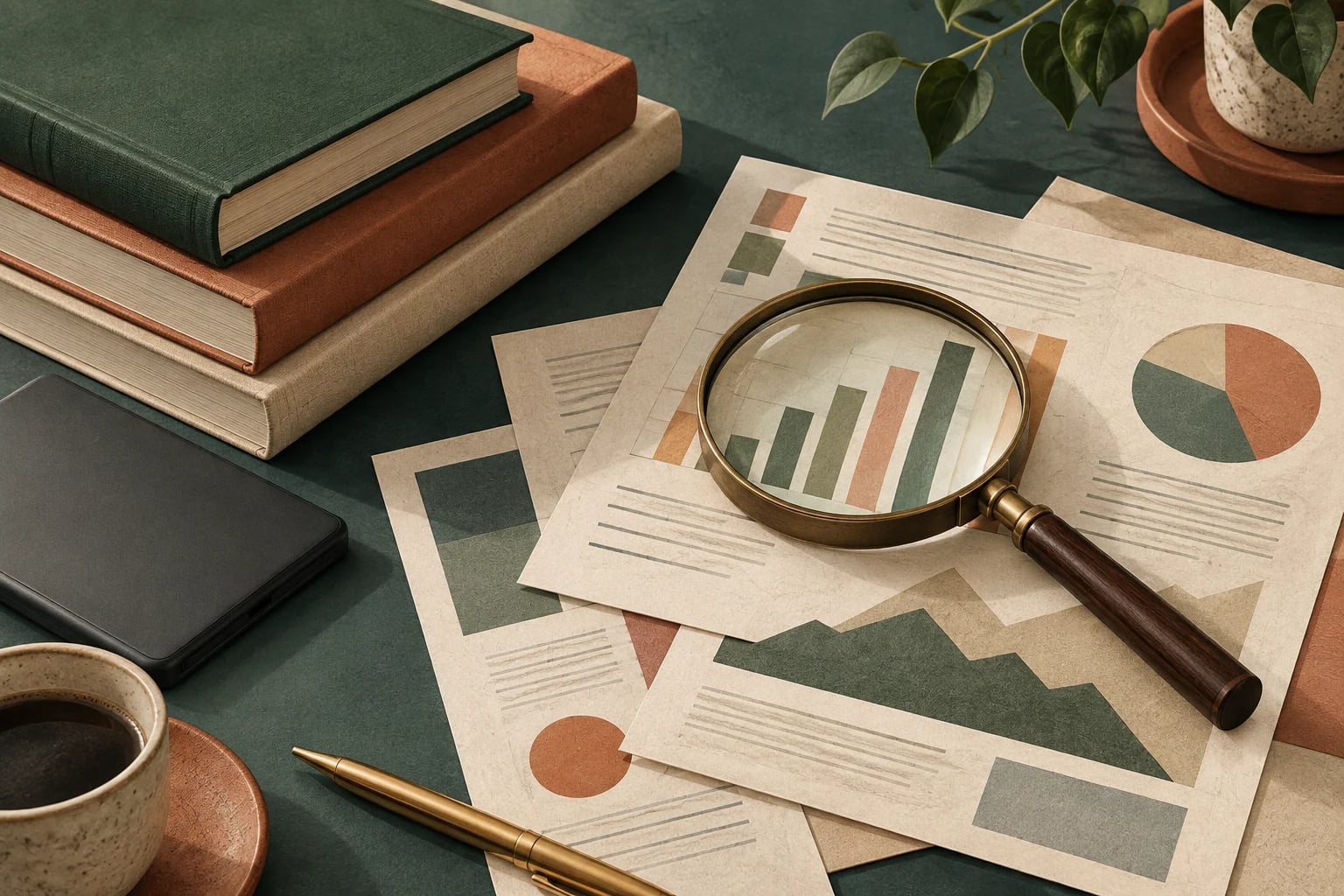 Illustrative books, reports and magnifying glass on a publishing desk