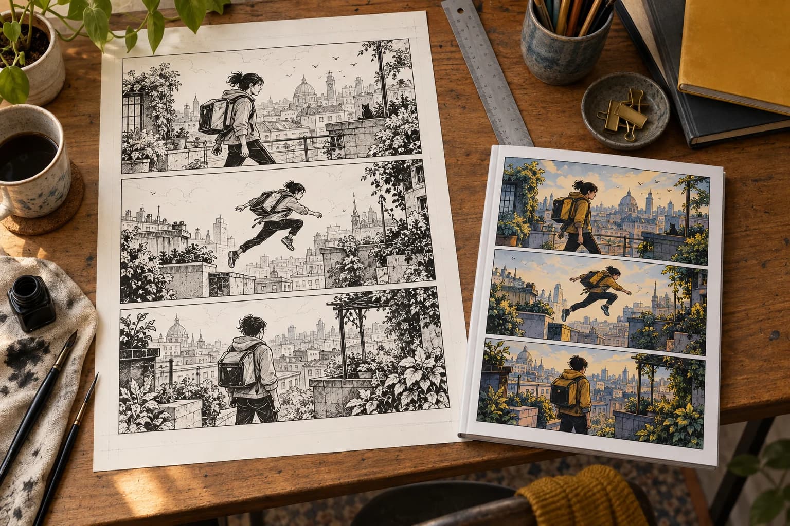 A comic artist’s larger working page beside a finished comic and a ruler.
