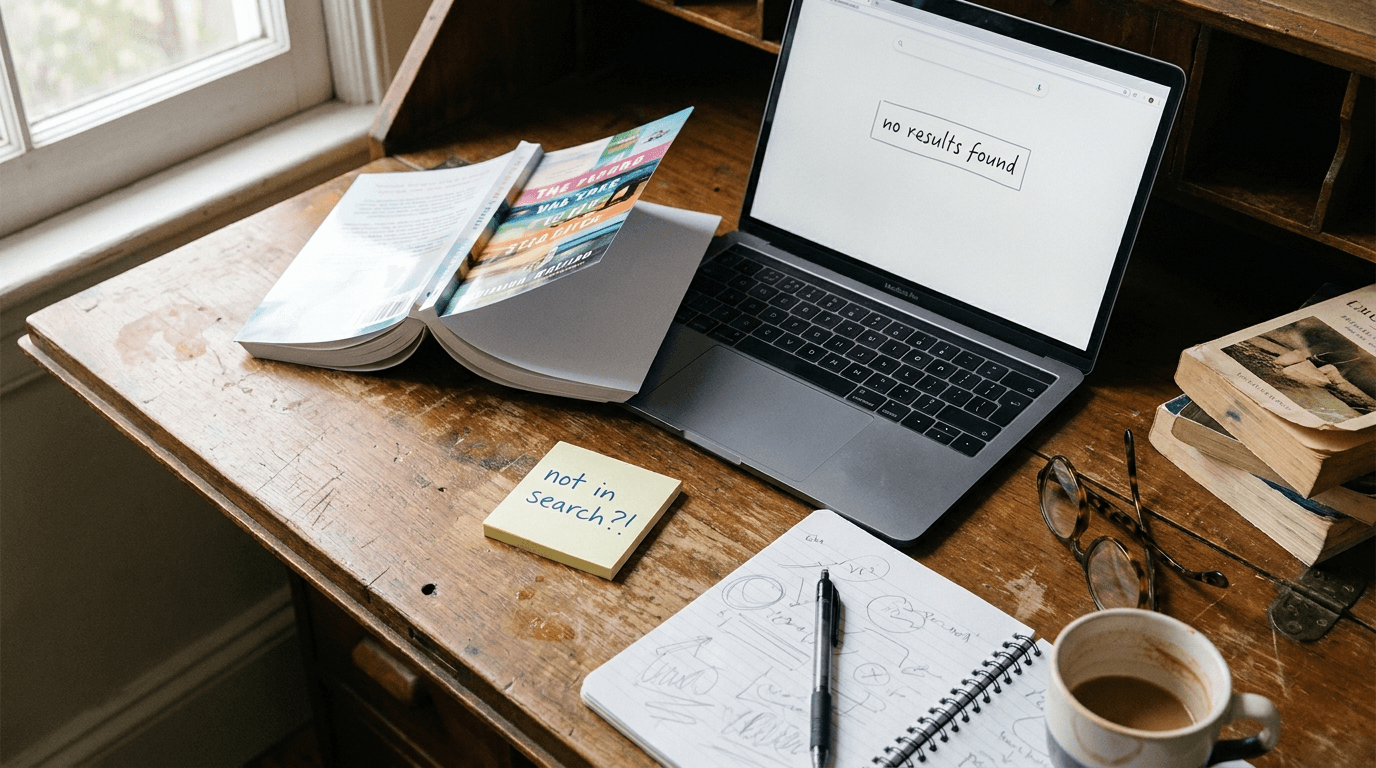 A self-published author desk: an open paperback beside a laptop showing a search page with no results found, and a handwritten sticky note reading not in search.