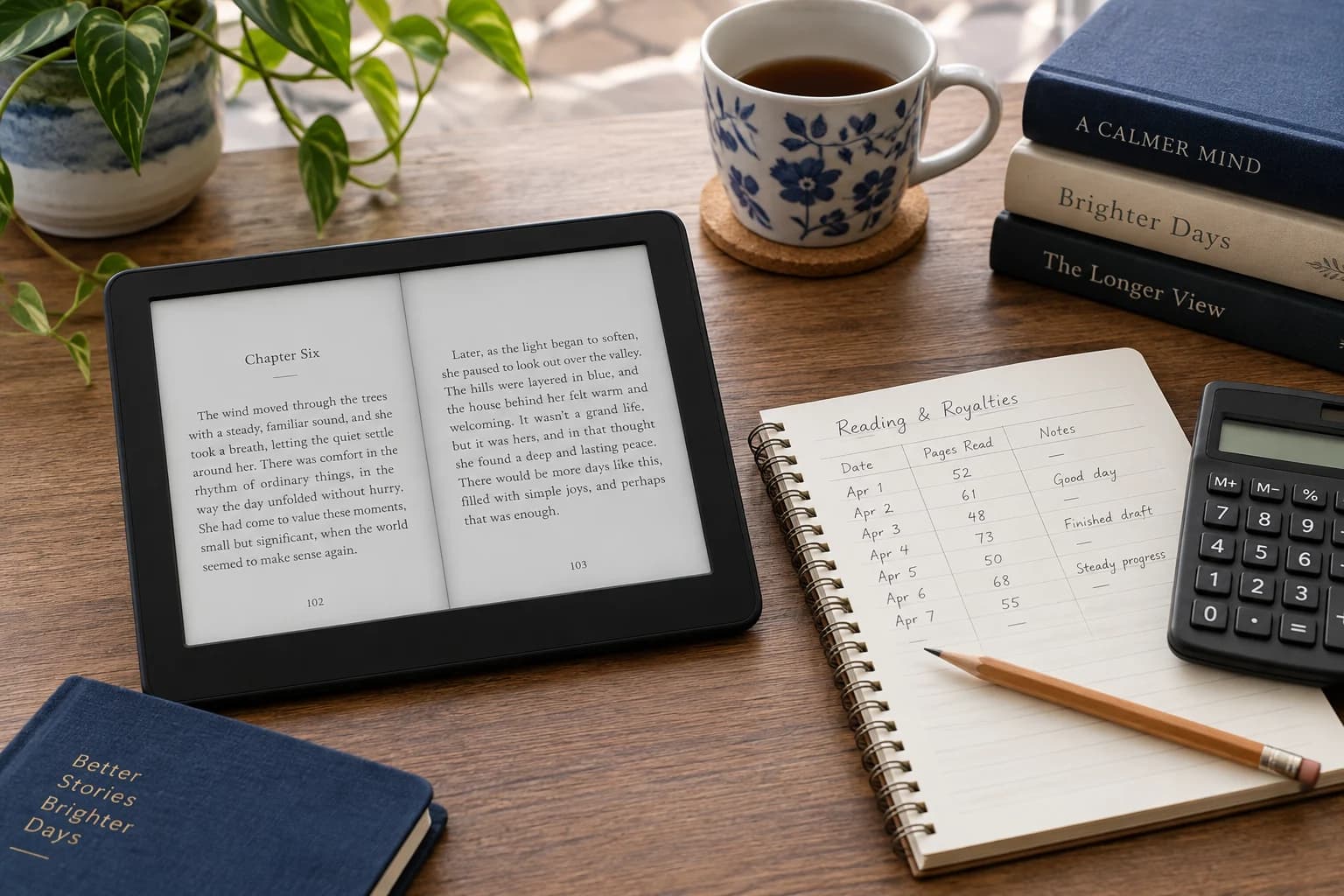 E-reader and an illustrative reading-analysis notebook on a desk