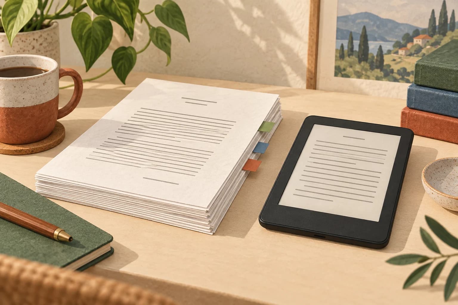 Short manuscript with chapter tabs beside an e-reader