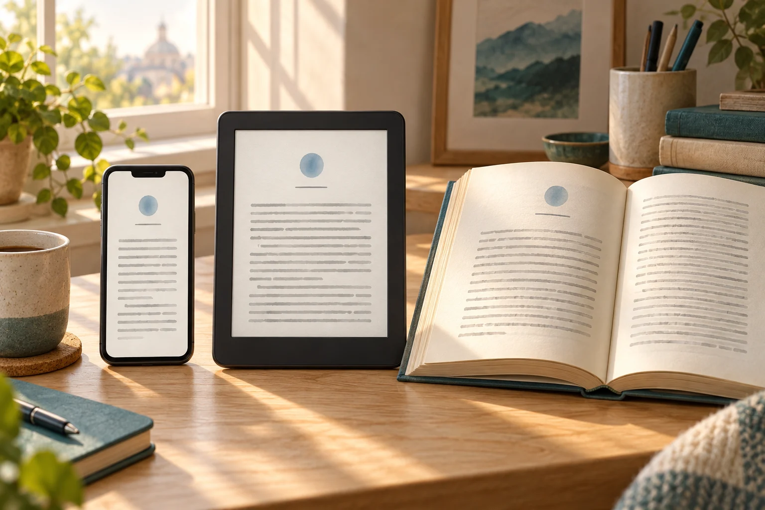 The same illustrative text flowing across a phone, e-reader and print book