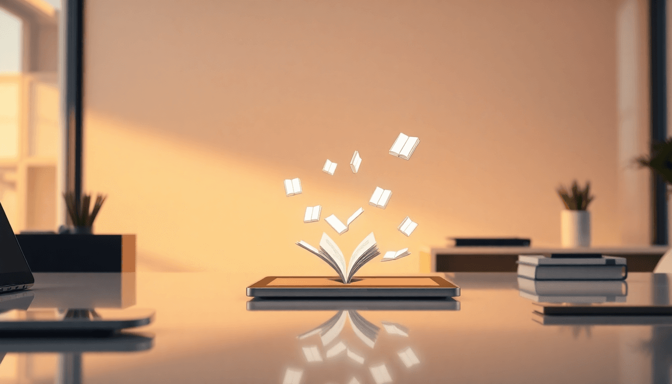 Open book with digital pages floating above it beside a laptop