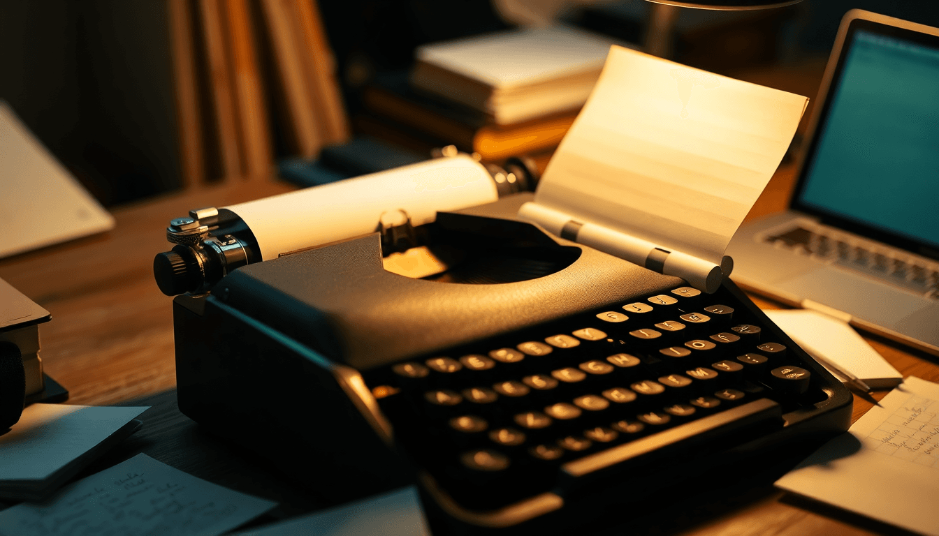 Typewriter and manuscript pages used to format fiction dialogue paragraphs