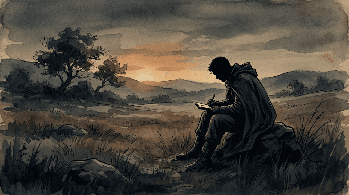 Soldier seated alone in a field, illustrating character-focused military fiction