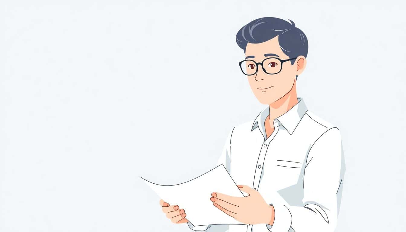A confident author reviewing a contract, holding an open document in a clean, minimalistic setting with soft colors.