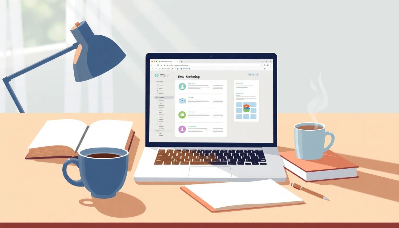 Minimalist illustration of a serene writing desk with an open laptop showing an email marketing interface, surrounded by organized notebooks and a steaming cup of coffee, with a softly blurred background and light streaming in from a window.