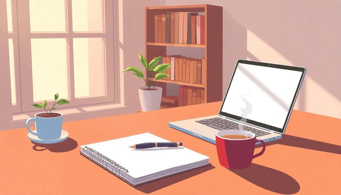 Illustration of a serene workspace for an author featuring a desk with an open laptop, a notebook and pen, and a steaming cup of coffee; warm lighting from a window, a bookshelf with organized books, and a potted plant in the background.