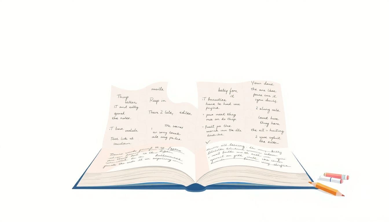 Illustration of a large, unfinished puzzle piece shaped like an open book, scattered with handwritten notes and editing marks, accompanied by a pencil and an editor's checklist, all in a calming pastel color palette.