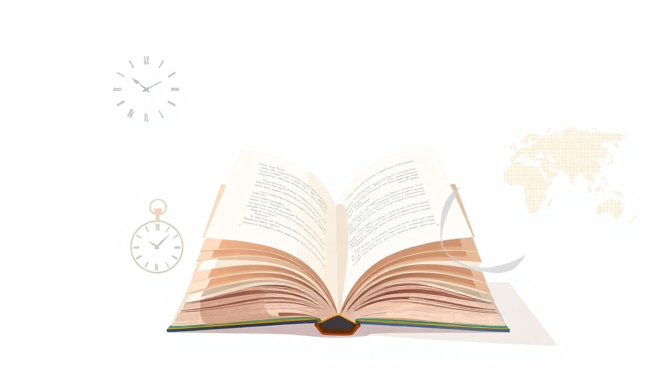 Open book with fluttering pages, surrounded by a clock, hands, and a world map, set against a soft pastel background.
