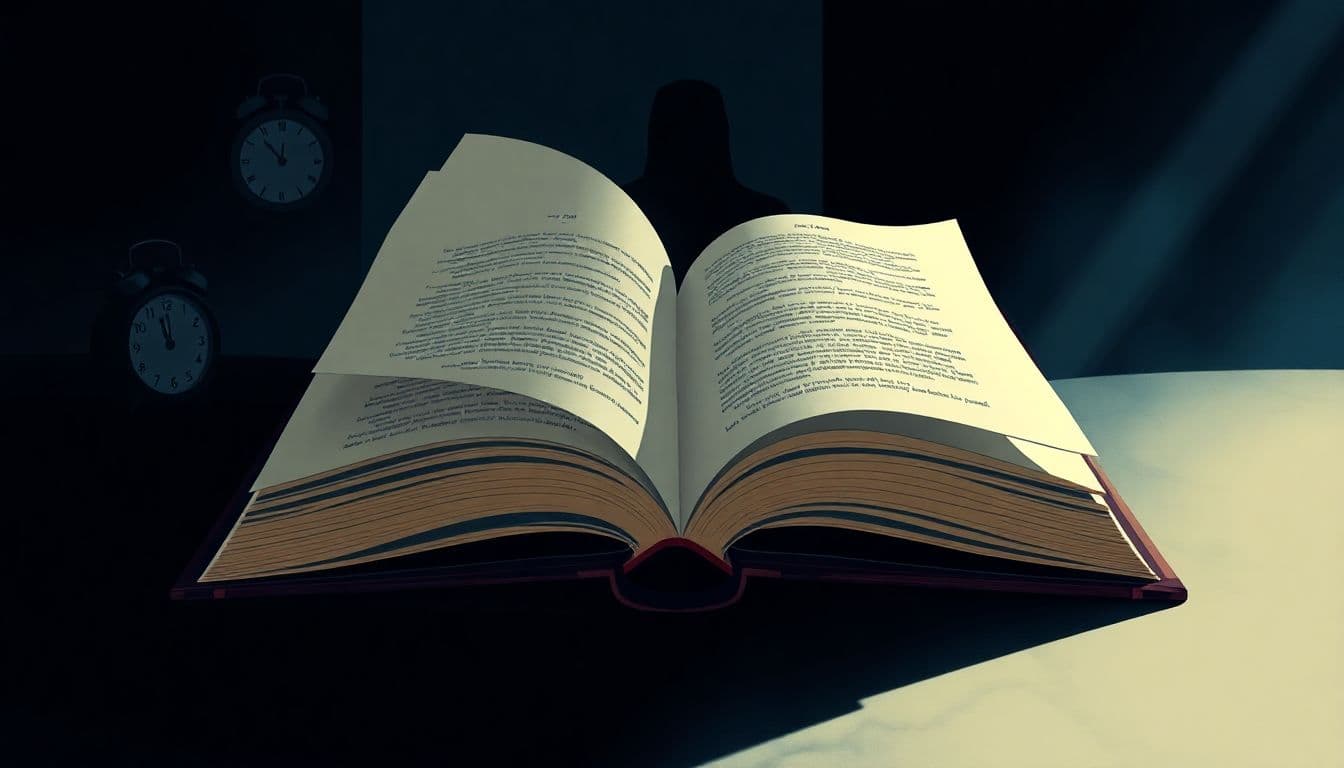 An open book with fluttering pages in a dark setting, soft shadows hinting at unseen characters, a ticking clock, and a shadowy figure peeking from behind, evoking intrigue and anticipation with deep blues and rich blacks.