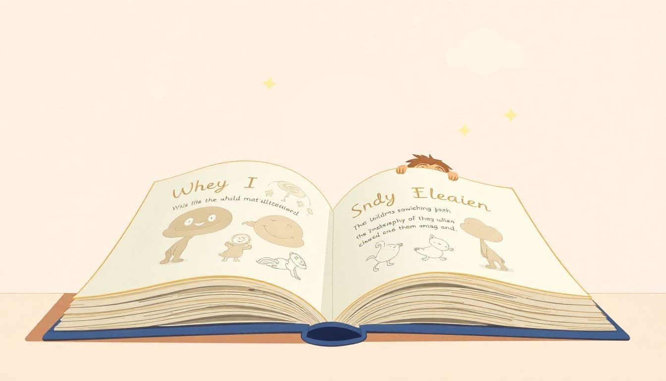 An open children's book with whimsical illustrations on its pages, surrounded by soft, pastel-colored shapes like clouds and stars, with a playful character peeking over the edge, symbolizing curiosity and discovery.