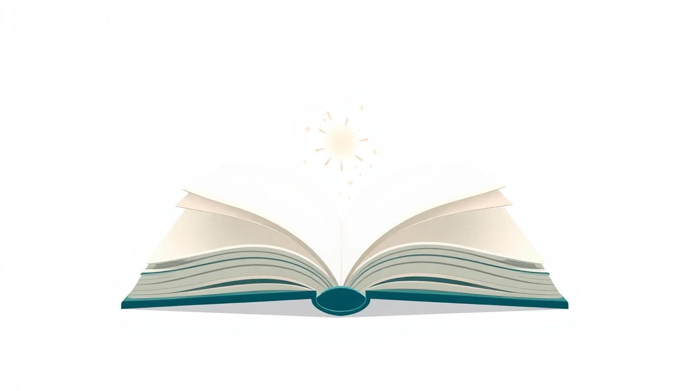 Minimalist illustration of an open book with a subtle glow and sparkles emerging from its pages, set against a clean background in soft pastel blues and greens, symbolizing inspiration and engagement.