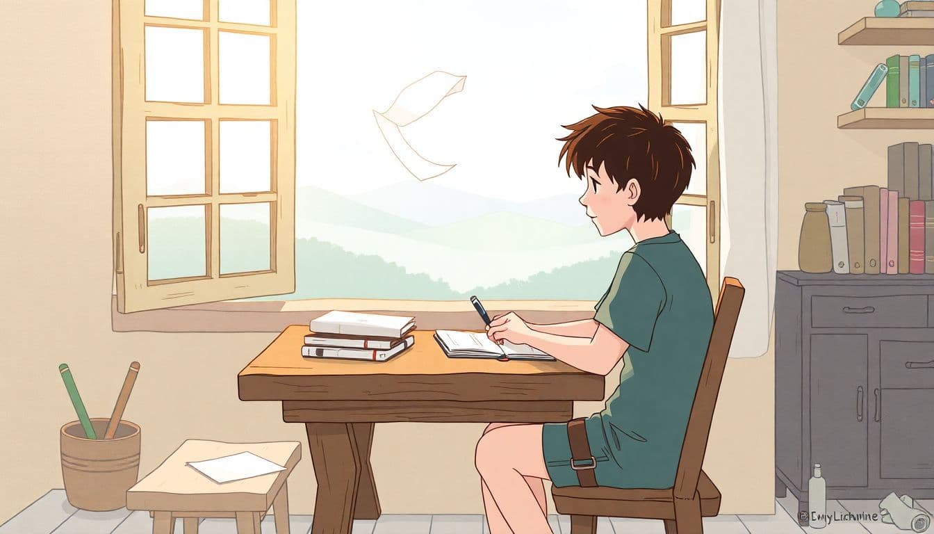 A young writer sits at a rustic wooden desk by a window, surrounded by soft natural light. The desk is cluttered with scattered notebooks and a pen. An open window lets in a gentle breeze, making a piece of paper flutter, while a tranquil landscape is visible in the background.