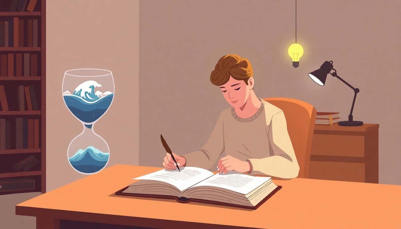 A focused writer sits at a cozy desk with an open notebook and a quill, surrounded by a wineglass containing a large ocean and a glowing light bulb above their head, symbolizing inspiration, in a warm and inviting color palette.