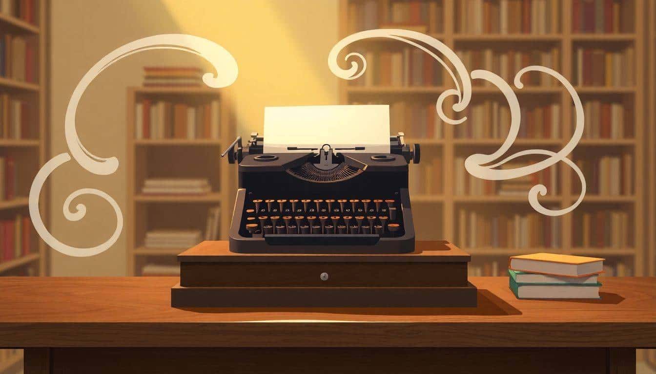 A beautifully crafted book on a wooden desk with a vintage typewriter, illuminated by sunlight, surrounded by abstract swirls, set in a warm room with blurred bookshelves in the background.
