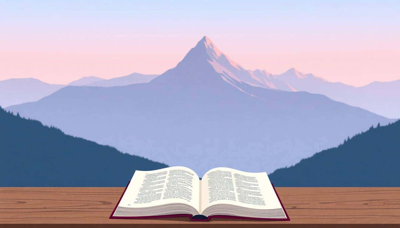 A tranquil mountain landscape at dawn with pastel colors, featuring a wooden table holding an open manuscript with fluttering pages, illuminated by soft sunlight.