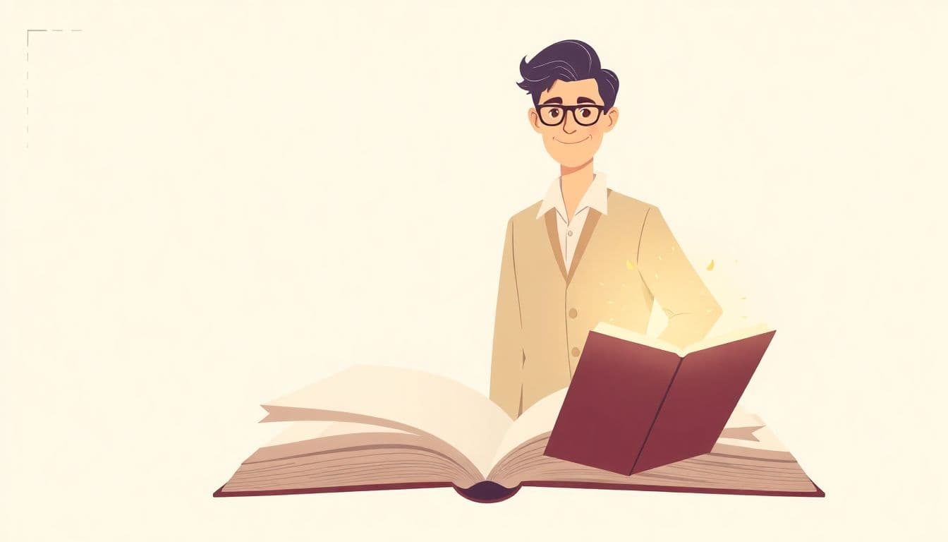 Confident author standing beside an open book emanating a warm glow, set against a clean and subtle background.