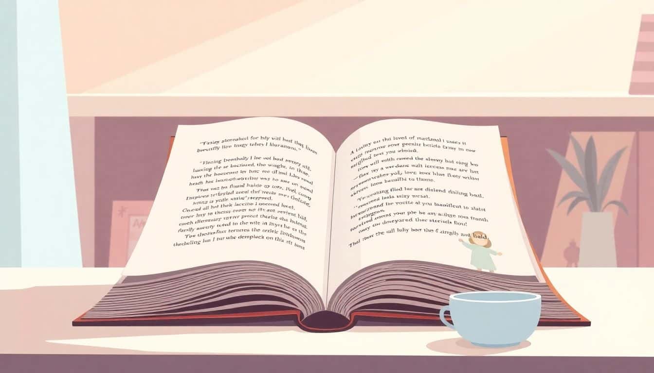 Minimalist illustration of an open children's storybook on a table, featuring soft, warm colors and simple lines, with gentle lighting and a small cup nearby.
