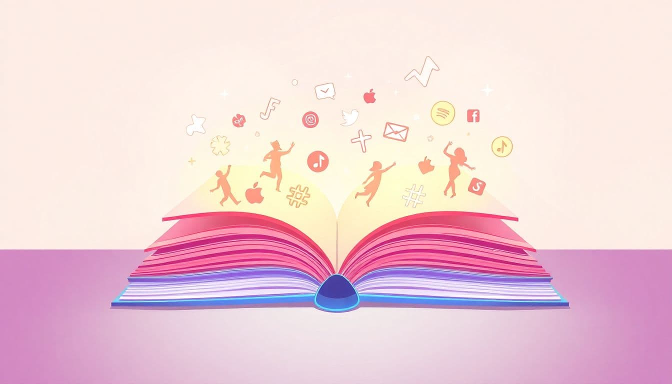 Illustration of an open marketing book with glowing pages, emitting vibrant TikTok-related icons like dancing figures and hashtags, set against a soft pastel-colored abstract background.