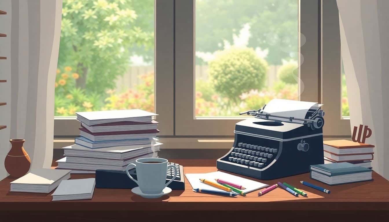 A serene writing desk by a window with natural light, featuring a stack of manuscripts, a vintage typewriter, a steaming cup of coffee, and colorful bookmarks, with a peaceful garden visible outside.