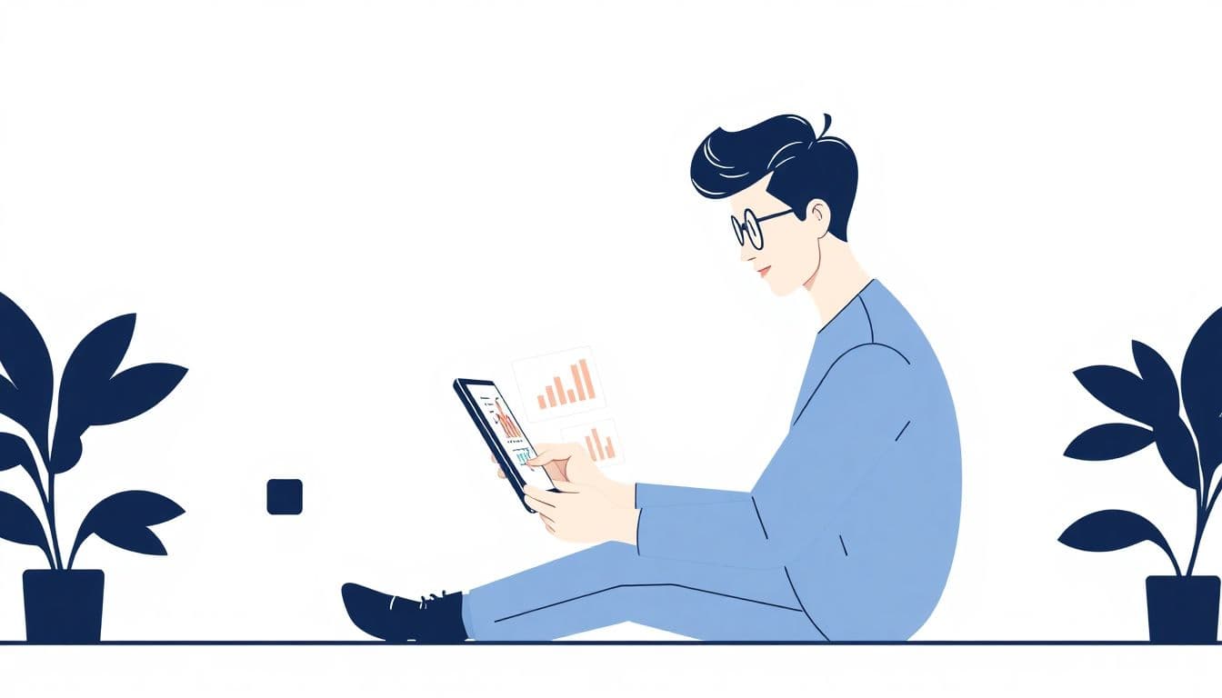 Minimalist illustration of a content creator analyzing audience data on a digital device, featuring charts and graphs in soft colors against a clean background.