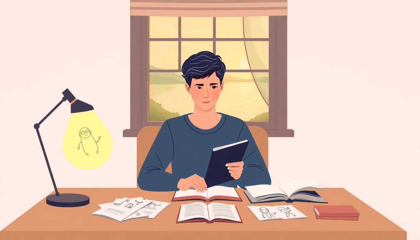 A writer deep in thought sits at a cozy desk illuminated by warm light, surrounded by open notebooks and sketches of diverse reader personas, with a peaceful landscape visible through a window. Soft pastel colors create a calm atmosphere.