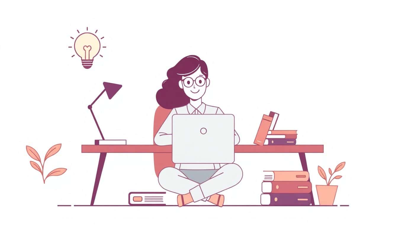 Illustration of a confident author at a simple desk with a laptop and a few books, featuring a light bulb for ideas and dollar signs for budgeting, all in a minimalistic style with clean lines and soft colors.