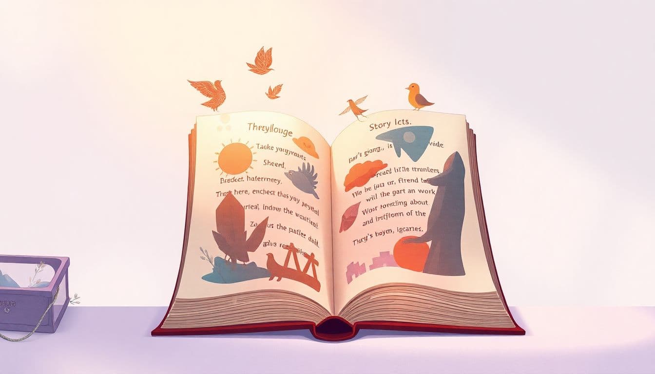 An open book with whimsical pages illustrating abstract story arcs like "Rags to Riches," "Hero's Journey," and "Icarus," set against a minimalistic background in soft colors, creating a dreamlike and imaginative atmosphere.