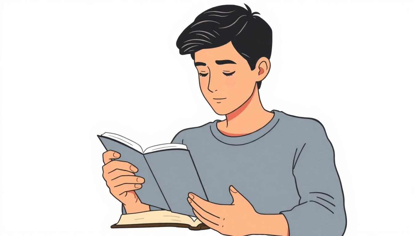 A thoughtful person reading a storybook, surrounded by soft, flowing lines representing smooth storytelling, in a minimalist style with gentle colors.