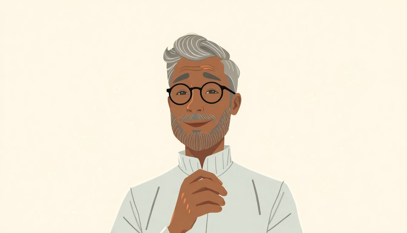 Illustration of a wise, friendly writer surrounded by glowing abstract digital elements, showcasing the blend of human creativity and AI assistance in soft colors against a clean background.