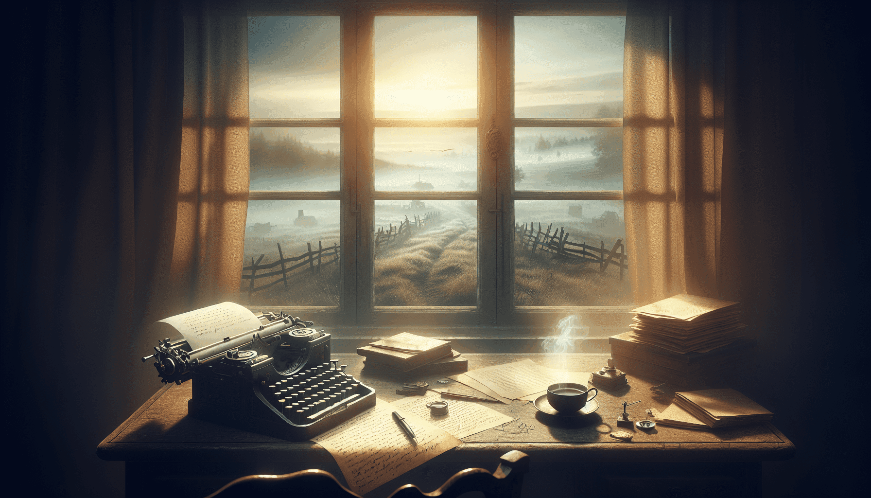 Typewriter and scattered manuscript pages on a dim writing desk
