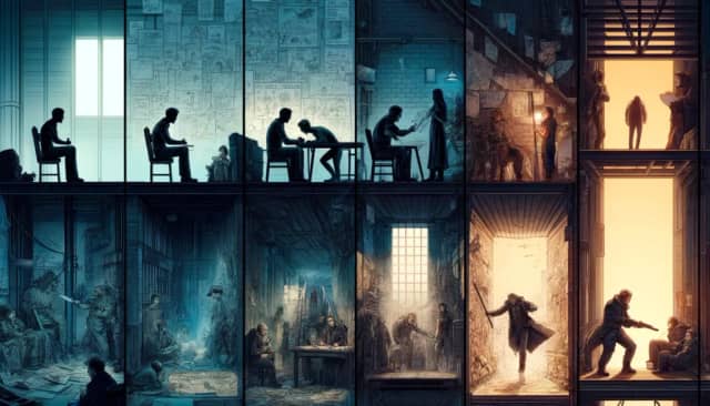 DALL·E 2024 04 01 22.14.43 A Compelling And Intricate Illustration That Showcases The Process Of Developing Characters In A Dystopian Setting. The Scene Is Divided Into Three Se