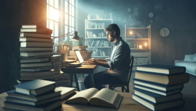 An image of a writer surrounded by books writing all day long