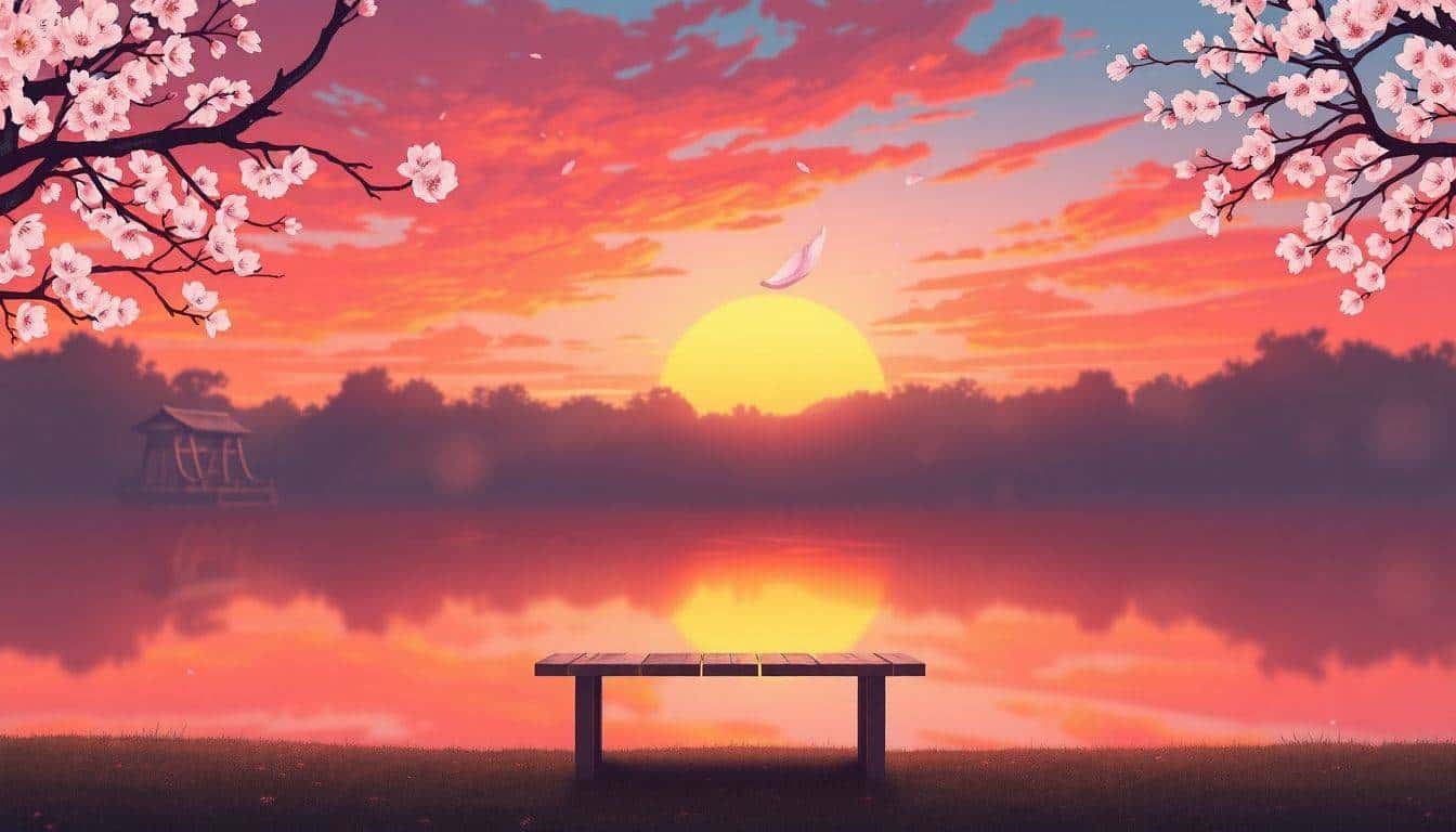 A serene Japanese garden at sunset, featuring a tranquil pond reflecting orange and pink hues, with a cherry blossom petal floating above the water and a wooden bench in the foreground.