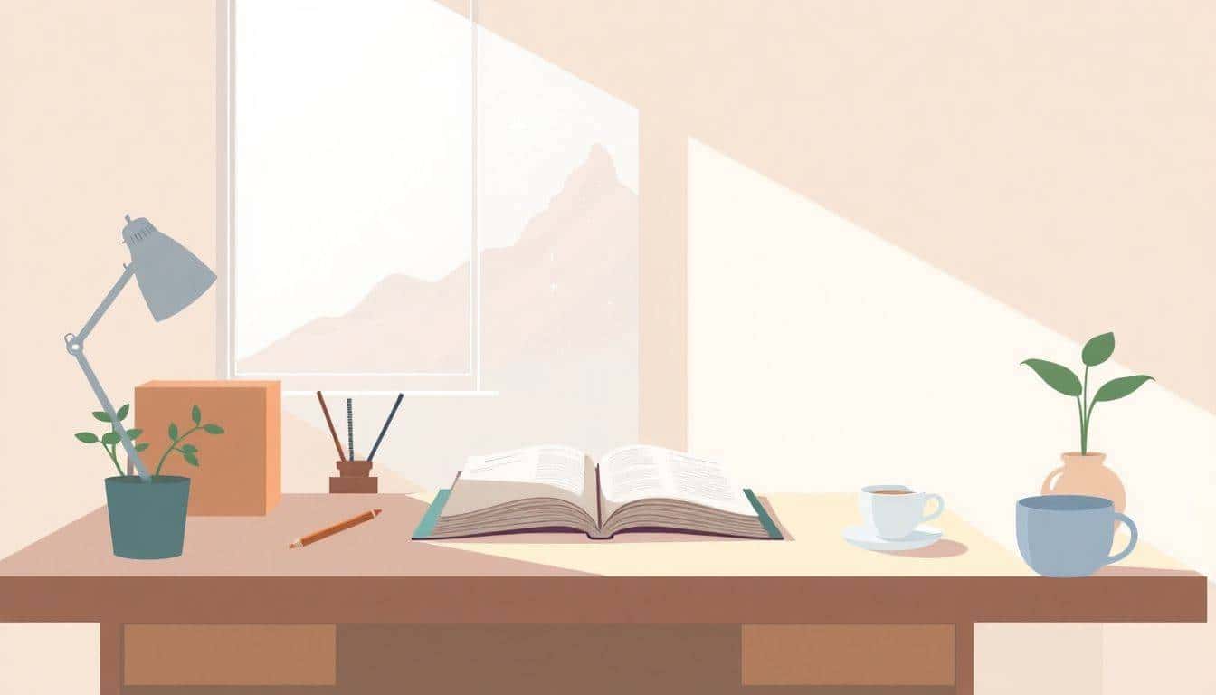 A serene workspace featuring a minimalist desk with an open notebook, a pencil, a steaming cup of tea, and a small plant, bathed in soft sunlight with a whimsical mountain silhouette in the background, all in soft pastel colors.