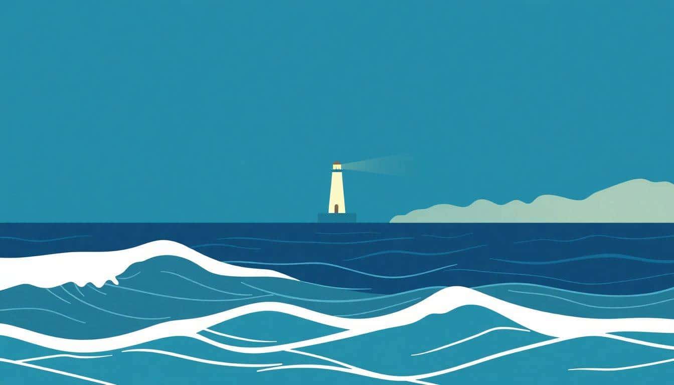 Minimalistic illustration of a serene ocean scene with a glowing lighthouse guiding through dark waters, symbolizing SEO content creation, featuring soft waves and calming colors.