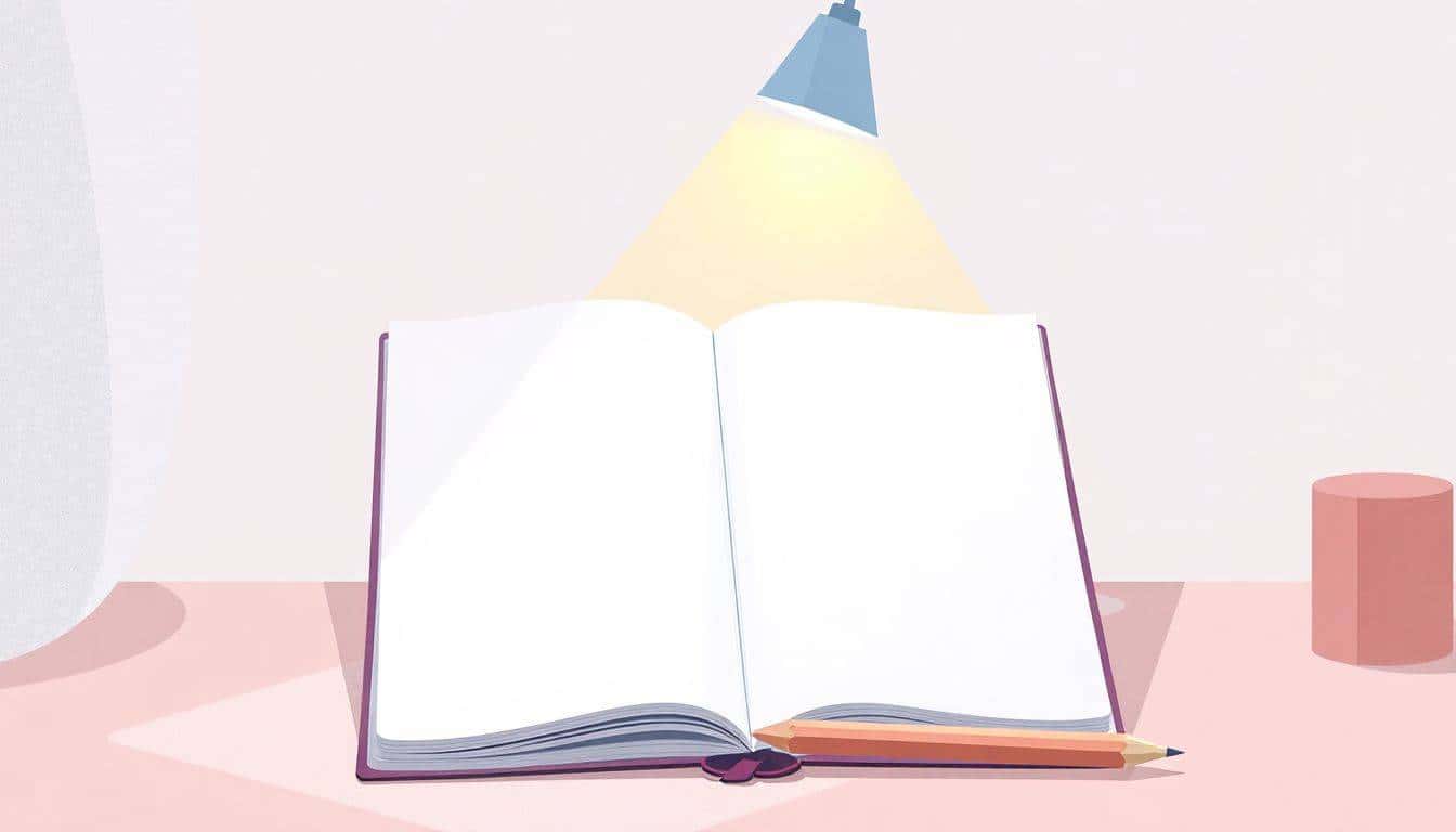 Illustration of a serene workspace featuring a blank open notebook and an unsharpened pencil beside it, illuminated by gentle light, with a minimalistic background in soft pastel colors and subtle textures.