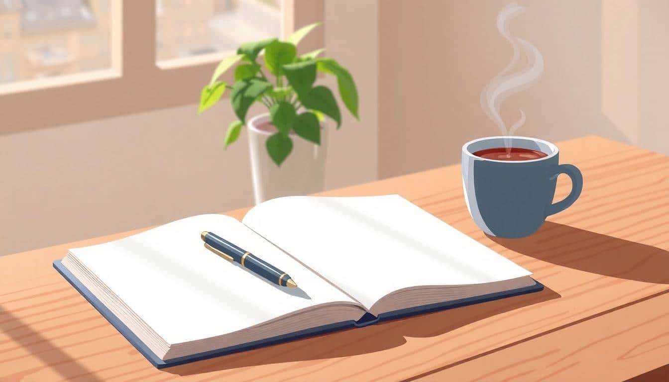 Open notebook with blank pages and a pen on a wooden table, soft light filtering in from a window, a potted plant and steaming cup of coffee in the background.