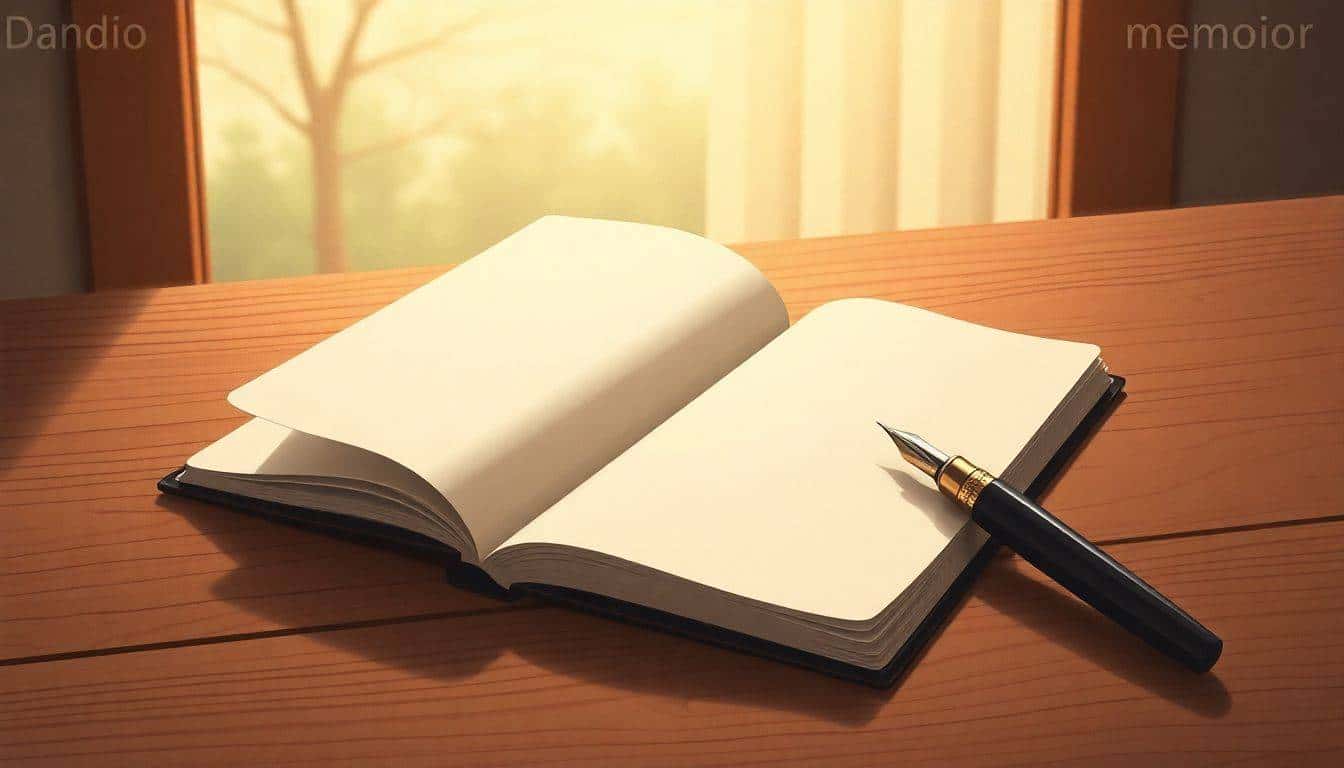 Open vintage journal on a wooden table with a classic fountain pen beside it, illuminated by soft, warm light, with hints of nature visible outside the window.