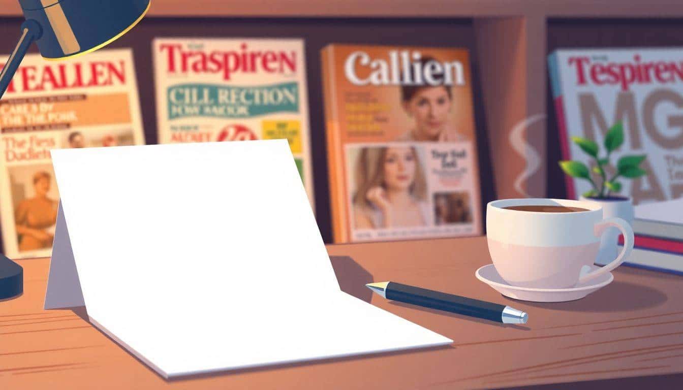 A serene desk scene with a blank notepad and a pen, softly blurred magazine covers in the background, a steaming cup of coffee, and a small plant, all in a warm and inviting color palette.