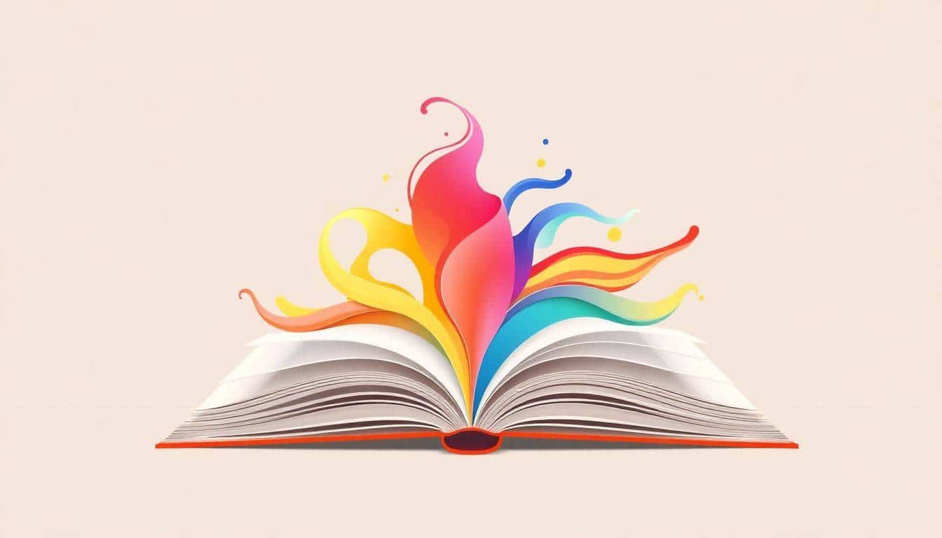 Minimalist book cover featuring an open book with swirling pages transforming into abstract shapes and vibrant colors against a soft, muted gradient background, with elegant typography for the title at the top.
