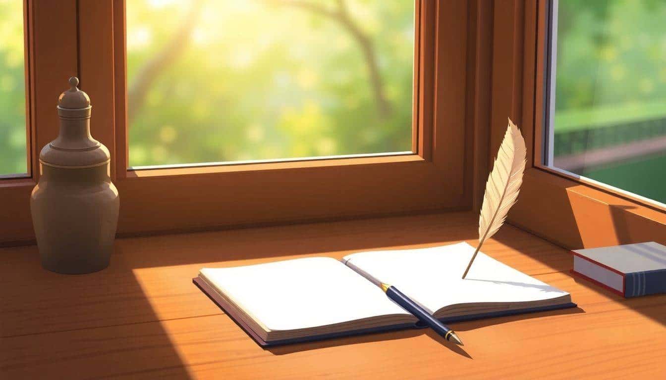 A serene writing desk by a window with a blank notebook and quill pen, illuminated by soft light, overlooking a softly blurred nature scene.