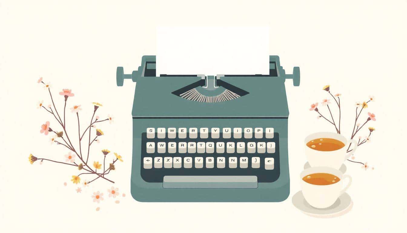 Vintage typewriter with a blank sheet of paper surrounded by delicate flowers and a warm cup of tea, featuring a soft and calming color palette.